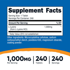 Nutricost L-Lysine 1000mg tablets resting on white surface for daily amino acid support.