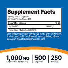 Close-up of Nutricost L-Lysine capsules with 500 mg each for flexible dosing