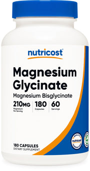 Nutricost Magnesio Glicinato, frasco frente: apoyo a la absorción suave.