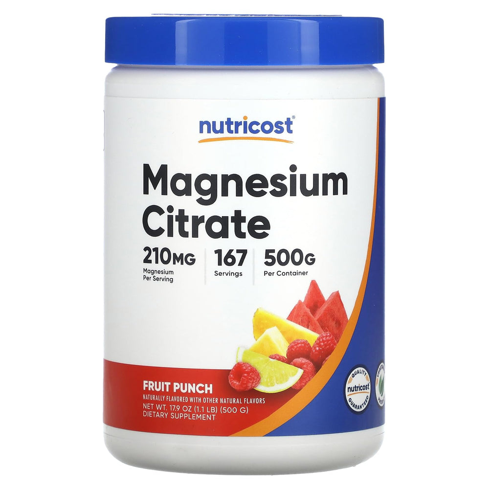 Nutricost Magnesium Citrate Powder Fruit Punch bottle shows convenient daily dosing.