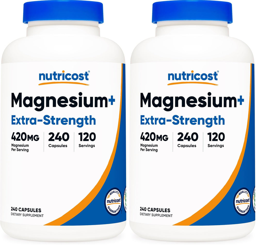 Nutricost Magnesium+ Extra Strength bottle front showing 240 veggie capsules for daily wellness
