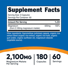 Nutricost Magnesium Malate bottle label highlights gluten-free and non-GMO features.