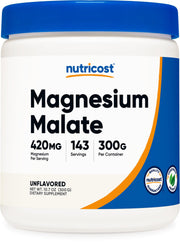 Nutricost Magnesium Malate Powder bottle shows 420 mg per serving for daily support.