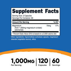 Nutricost Magnesium Orotate capsules close-up showing 60 servings per bottle