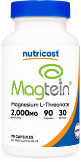 Nutricost Magtein bottle label with 2000 mg per serving for easy daily dosing.