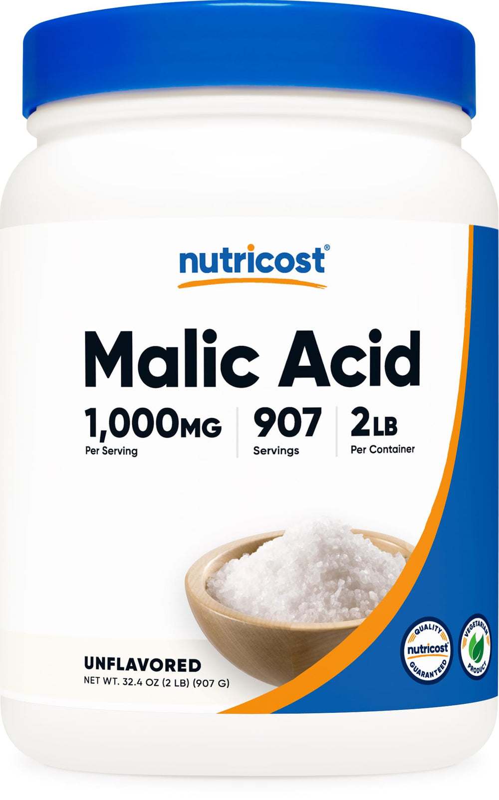 Nutricost Malic Acid Powder 2lbs bottle provides easy at-home dosing.