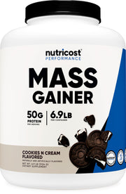 Nutricost mass gainer Cookies N Cream bottle with high-protein formula for post-workout recovery