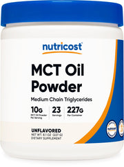 Nutricost MCT Oil Powder bottle pour, ideal for quick keto‑friendly additions.