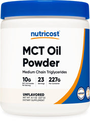 Nutricost MCT Oil Powder bottle pour, ideal for quick keto‑friendly additions.