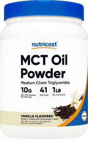 Nutricost MCT Oil Powder vanilla bottle on shelf, keto-friendly.