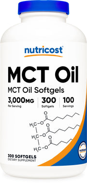 Nutricost MCT Oil Softgels bottle front view shows 1000mg per softgel for keto support