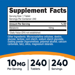 Nutricost Melatonin 10mg bottle label close-up showing dosage and allergen-free claims.