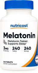 Nutricost Melatonin bottle view highlighting 240 easy-to-swallow tablets for sleep support