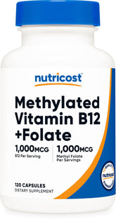 Nutricost bottle-front showing methylated B12 and folate for daily wellness.