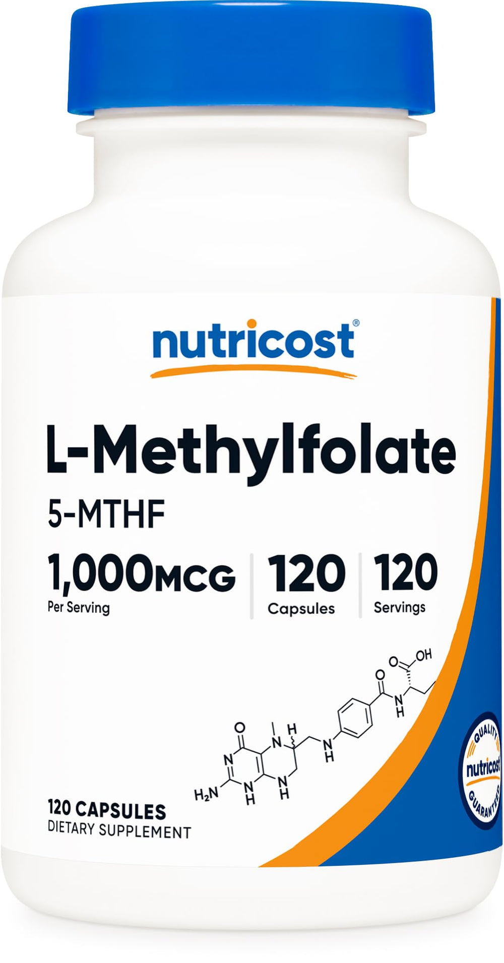 Nutricost Methylfolate bottle front view, gluten-free and non-GMO.