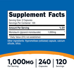 Nutricost Monolaurin 1000 mg capsules close-up for easy swallowing.