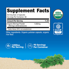 Nutricost Moringa bottle back shows non-GMO and gluten-free attributes.