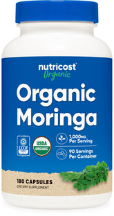 Nutricost Moringa capsules bottle front view, 500 mg per capsule, vegetarian.