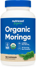 Nutricost Moringa capsules bottle front view, 500 mg per capsule, vegetarian.