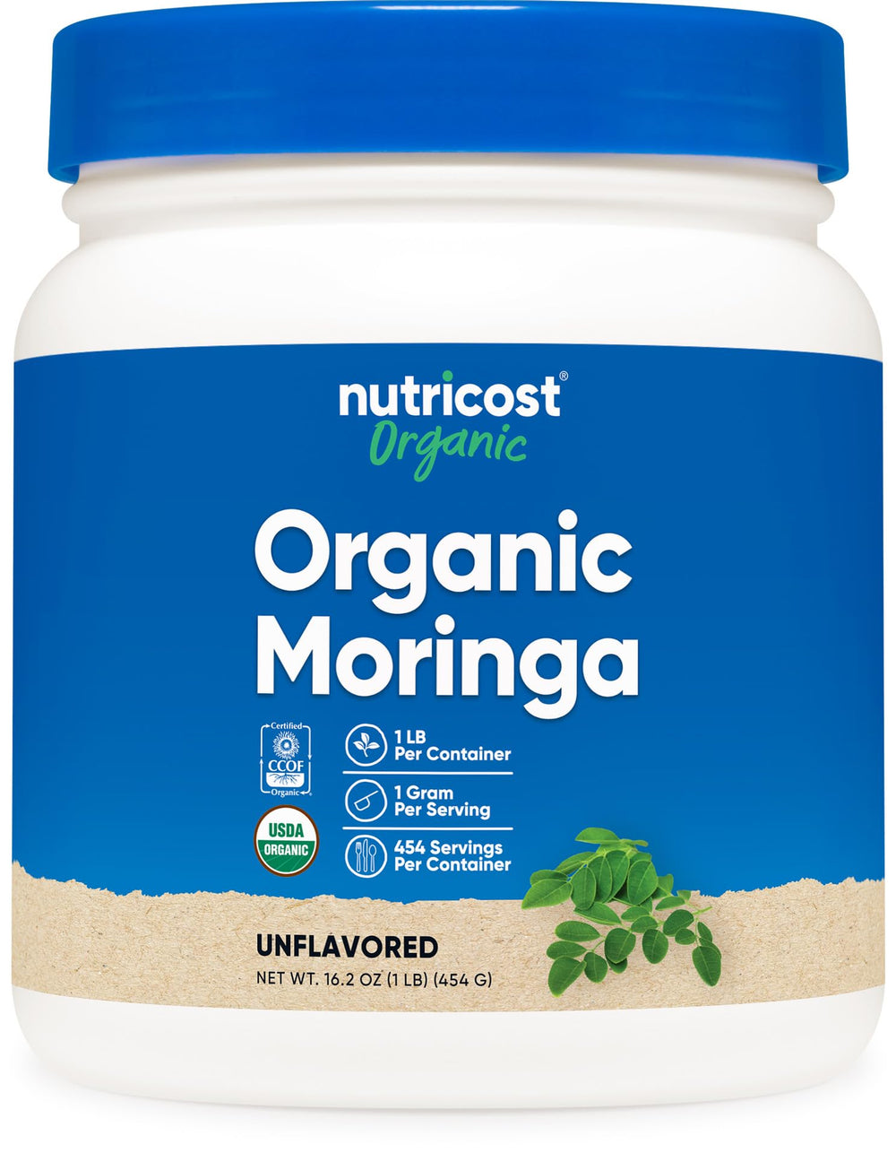 Nutricost Organic Moringa powder bottle with 1 lb size for daily smoothies