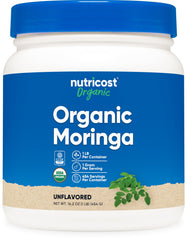 Nutricost Organic Moringa powder bottle with 1 lb size for daily smoothies