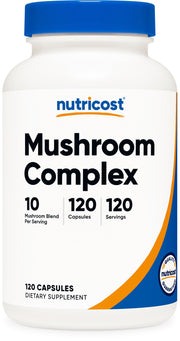 Nutricost Mushroom Complex bottle label displaying the 10-mushroom blend for daily wellness