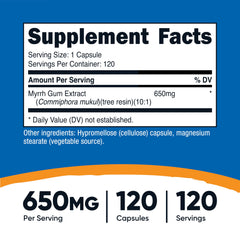 Close-up of Nutricost Myrrh Extract capsules highlighting easy-to-swallow format