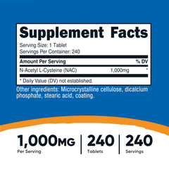 Nutricost NAC 1000 mg bottle label highlighting gluten-free and GMO-free ingredients.