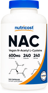 Nutricost NAC 600mg bottle on kitchen counter for daily supplementation.
