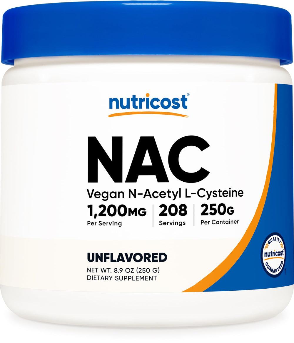 Nutricost NAC powder bottle with serving scoop for daily use