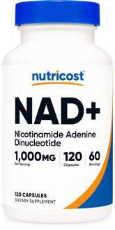 Nutricost NAD+ 1000 mg bottle for daily wellness, vegan-friendly use.
