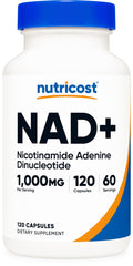 Nutricost NAD+ 1000 mg bottle for daily wellness, vegan-friendly use.