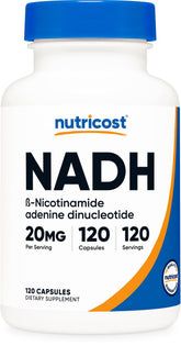 Nutricost NADH supplement bottle with 120 capsules for daily wellness