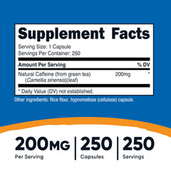 Nutricost Natural Caffeine bottle label detailing caffeine content and serving size