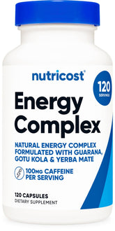 Nutricost natural energy pills bottle showing gluten-free energy option for daily routine.