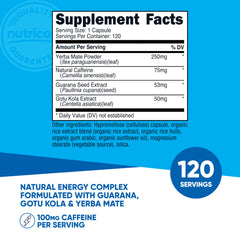 Nutricost natural energy pills capsules close-up highlighting 100 mg caffeine per capsule for a focused boost.