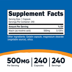 Close-up of Nutricost Niacin 500mg capsule highlighting fast-release design