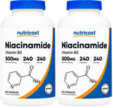 Nutricost Niacinamide 500mg bottle close-up showing flush-free vitamin B3 for daily support.