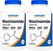 Nutricost Niacinamide 500mg bottle close-up showing flush-free vitamin B3 for daily support.