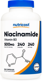 Nutricost Niacinamide bottle front with flush-free vitamin B3 benefits.