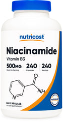 Nutricost Niacinamide bottle front with flush-free vitamin B3 benefits.