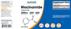 Nutricost Niacinamide capsules in bottle focus highlighting 240-count per bottle.