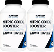 Nutricost Nitric Oxide Booster bottle close-up shows label and serving size for workouts.