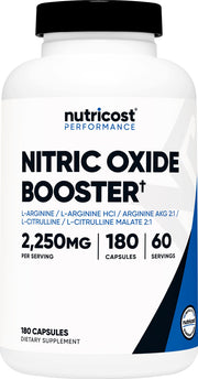 Nutricost Nitric Oxide Booster bottle front, highlighting 2250 mg per serving.