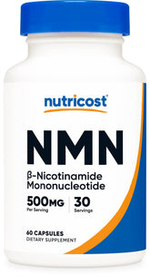 Nutricost NMN 500mg bottle label close-up emphasizing purity for daily supplementation.