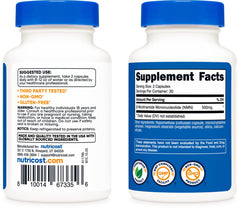 Nutricost NMN ingredients label emphasizes non-GMO, gluten-free, vegetarian-friendly formula.