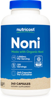 Nutricost Noni Capsules bottle front with organic certification and vegan-friendly capsules.