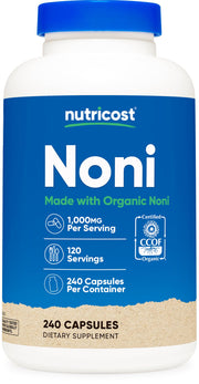 Nutricost Noni Capsules bottle front with organic certification and vegan-friendly capsules.