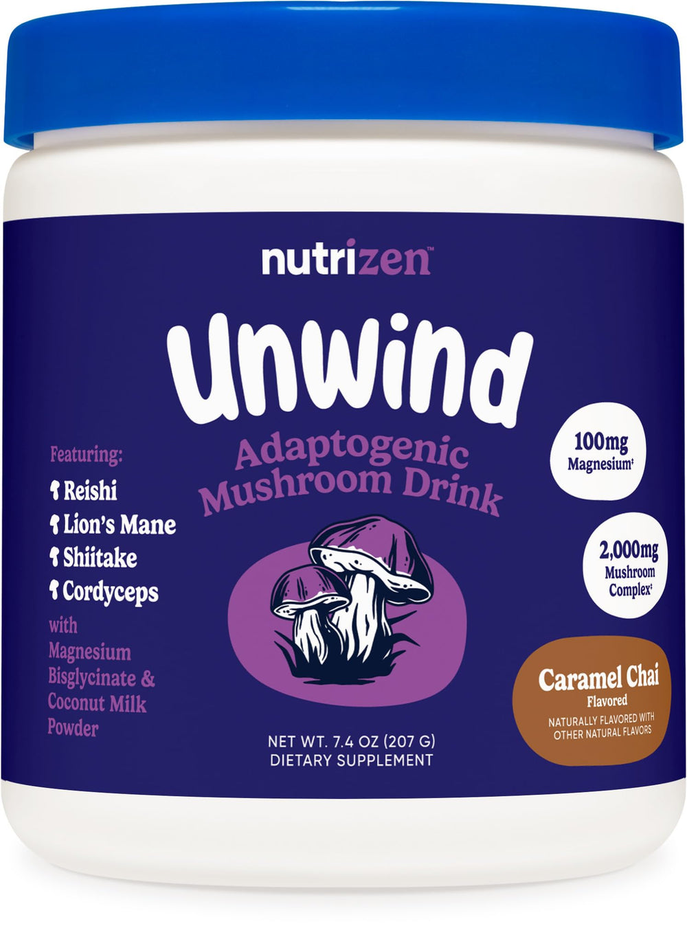 Nutricost Nutrizen PM Unwind bottle label showing caramel chai flavor for evening calm