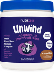 Nutricost Nutrizen PM Unwind bottle label showing caramel chai flavor for evening calm